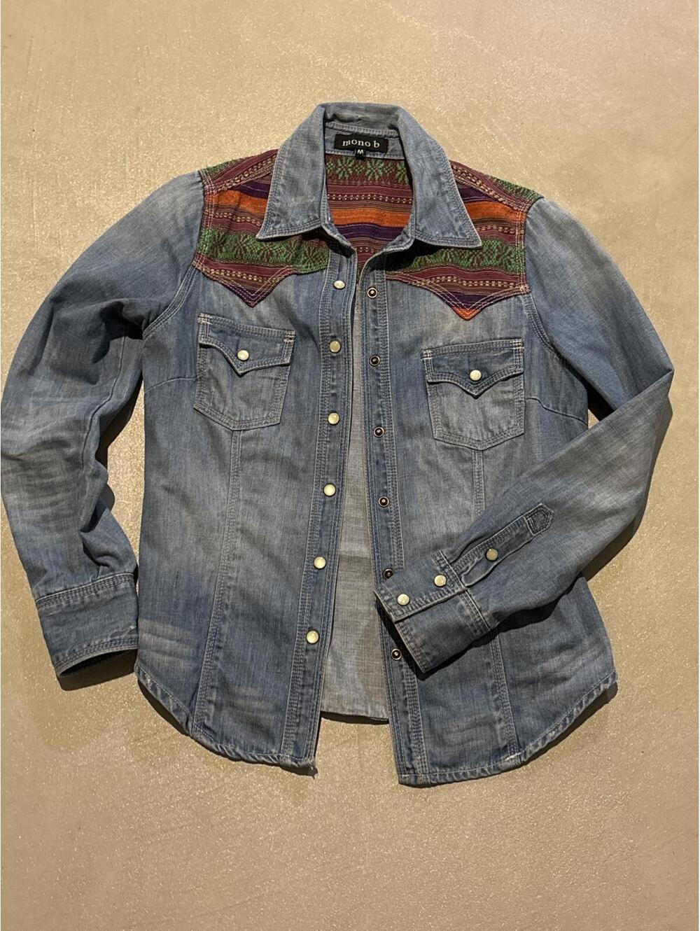 Mono b Denim Shirt Jacket with Colorful Patterned Yoke